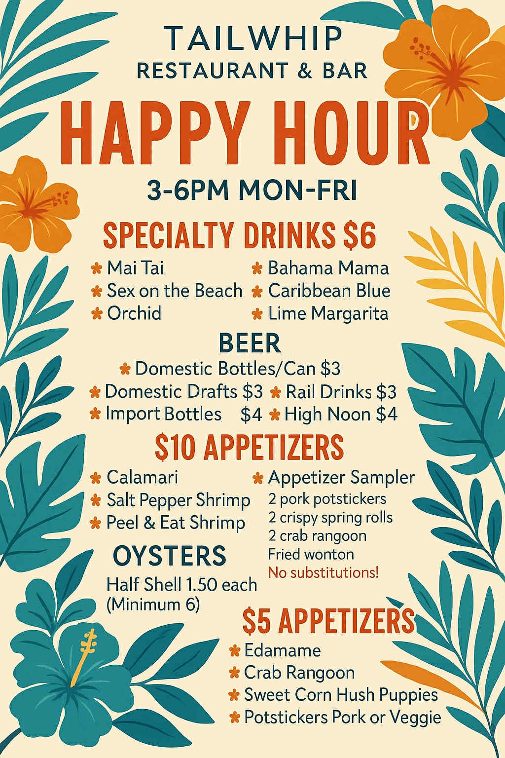 Happy Hour specials at Tailwhip, 3–6 PM Monday–Friday