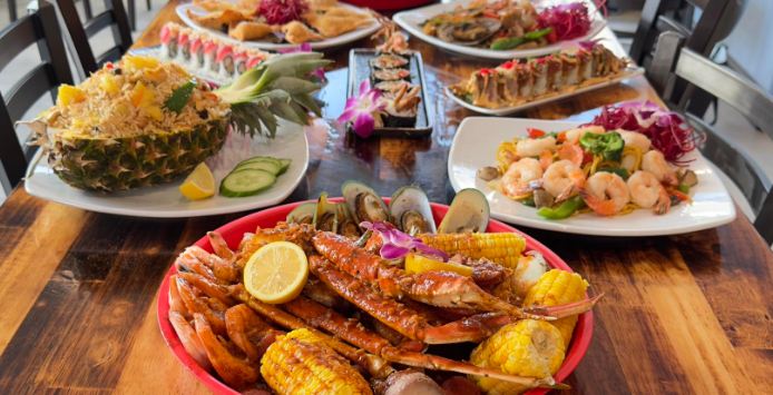Seafood and sushi spread